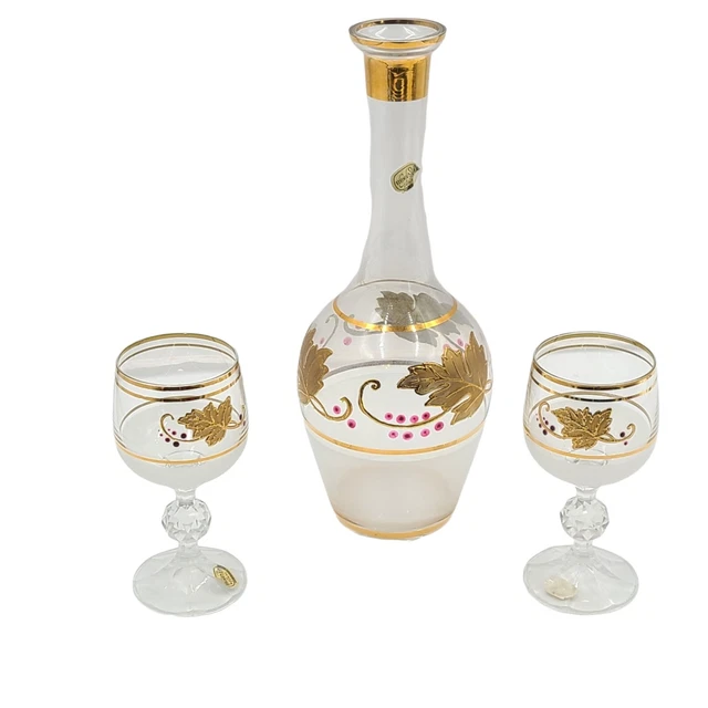 Vintage Glass Decanter And Stemware Czech Glass Handpainted