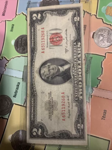 $2 Two Dollar Bill Series 1953B Red Seal Federal Reserve Note Old Currency