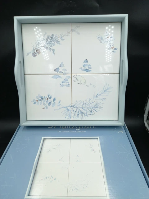 Pfaltzgraff Winter Frost Wood & Tile Serving Tote  Tray