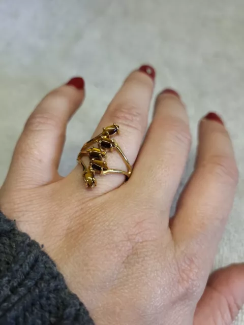 Vtg 18K Gold Fill Cocktail Ring w/ 5 Tiger's Eye  US Size 7 U size 54