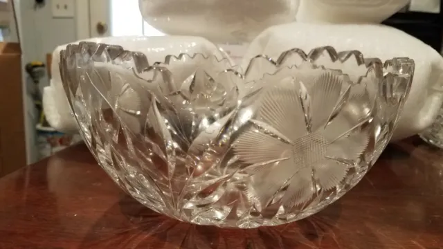 American Brilliant cut crystal 9" bowl, sawtooth edge, floral and leaf sprays
