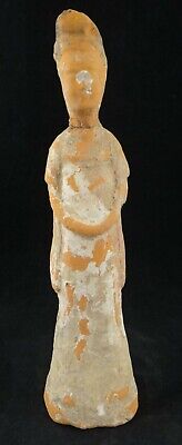 Ancient Chinese Tang Dynasty Pottery Female Figure in Long Robe & Hat. 7 ¾” t.