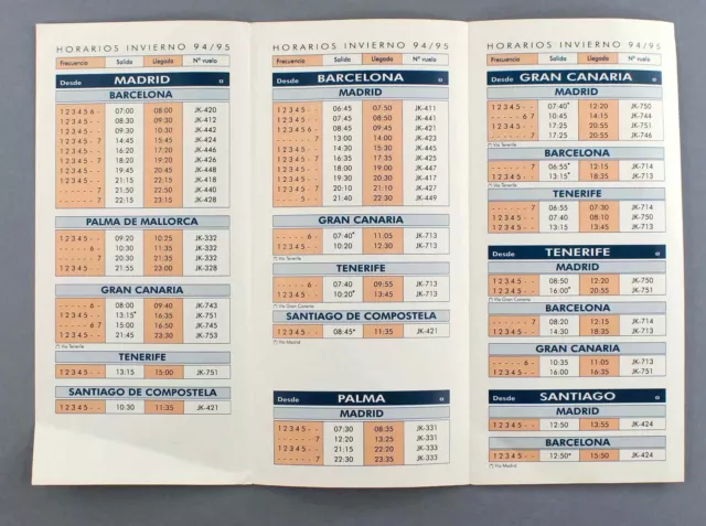 Spanair Airline Timetables X 6 - 1994/95 2000/01 2001 2003 2005/06 2
