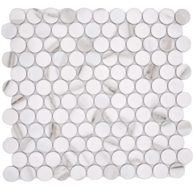 Azulejos de mosaico de cerámica botón Loop Penny Calacatta blanco marrón grisáceo mate | 10 alfombras