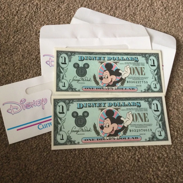 Disney Dollars x 2 1990 with 3 envelopes