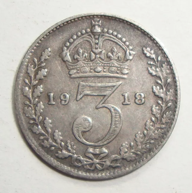 1918 Great Britain Three 3 Pence George V Sterling Silver World Coin