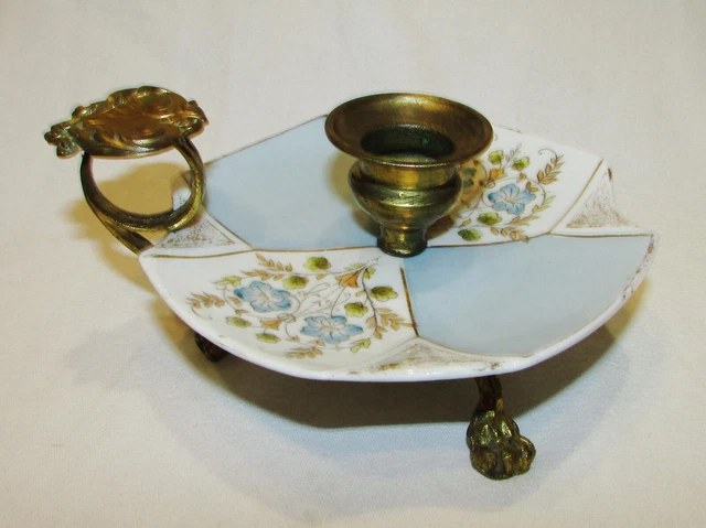 Bougeoir à Main Ancien En Laiton Doré - Motif Floral - Objet Déco Vintage