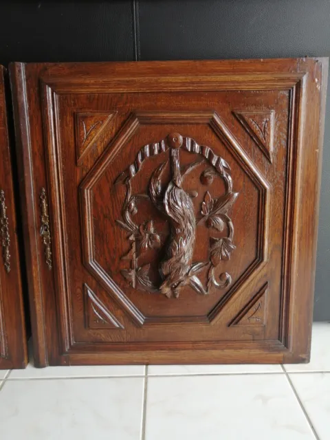 25" Pair French Antique Architectural Hunting Bird Gothic Panel Door Solid Oak 3