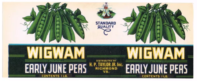 Vintage Can Label C1930S Richmond Virginia Wigwam Native American Indian Peas