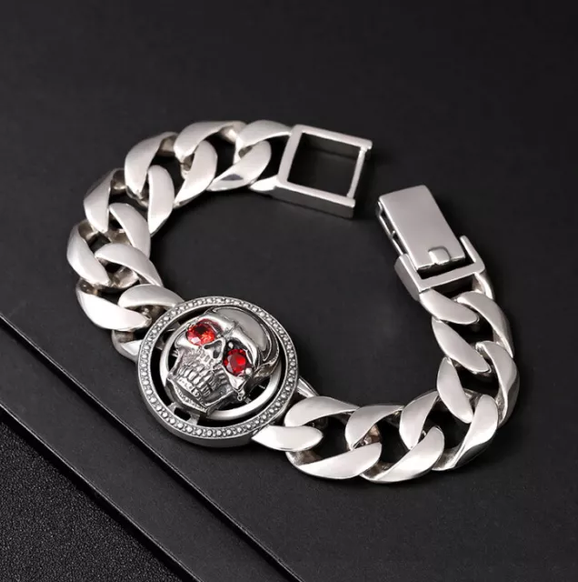 I07 Herren Armband 22,5 cm Silber 925 Totenkopf Schädel mit roten Augen