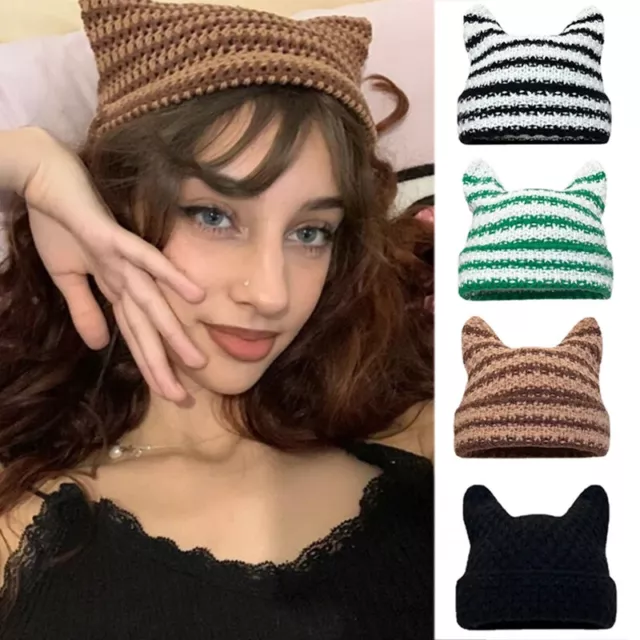 Women Beanie Striped Knitted Cat Ear Hat Winter Warm Ski Cap Harajuku Punk Hats