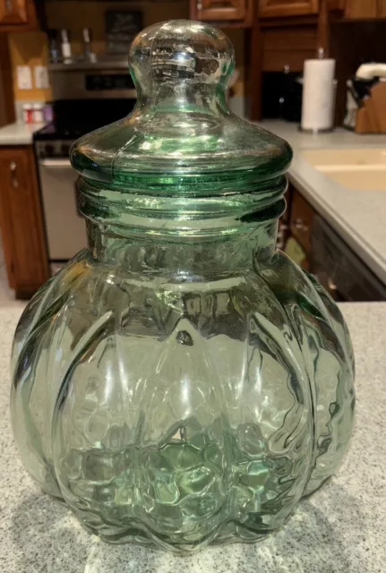 Vintage Green Glass Pumpkin Shaped Apothecary Jar w/Lid 14”