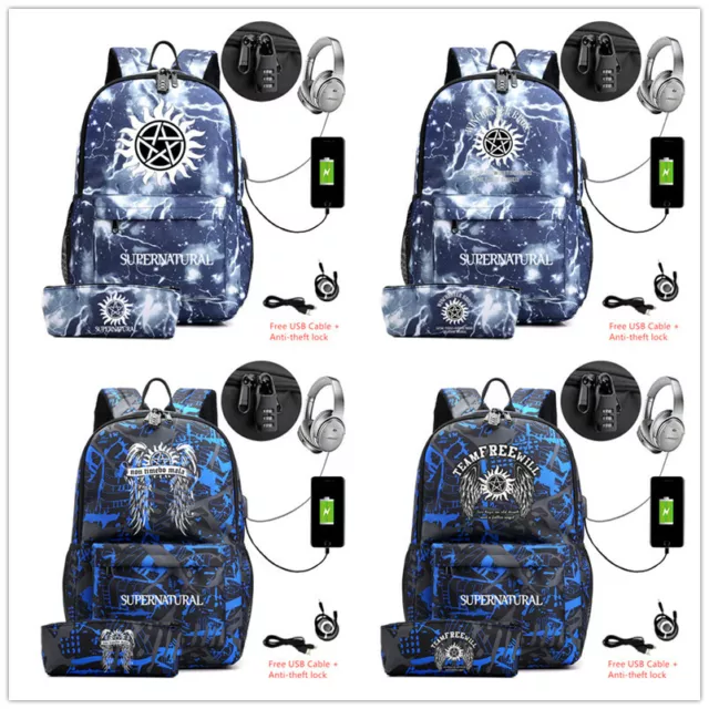 2pcs/lot Supernatural SPN backpack with pencil case USB Charge school laptop bag