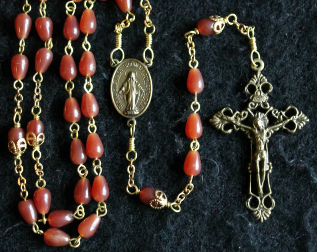 ROSARY carnelian red GLASS bead BRONZED parts crucifix Miraculous Medal Catholic
