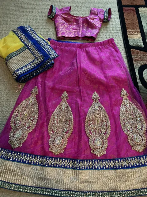 Indian Pink, Green, Blue and Yellow Lengha, Chuni & Blouse - Small