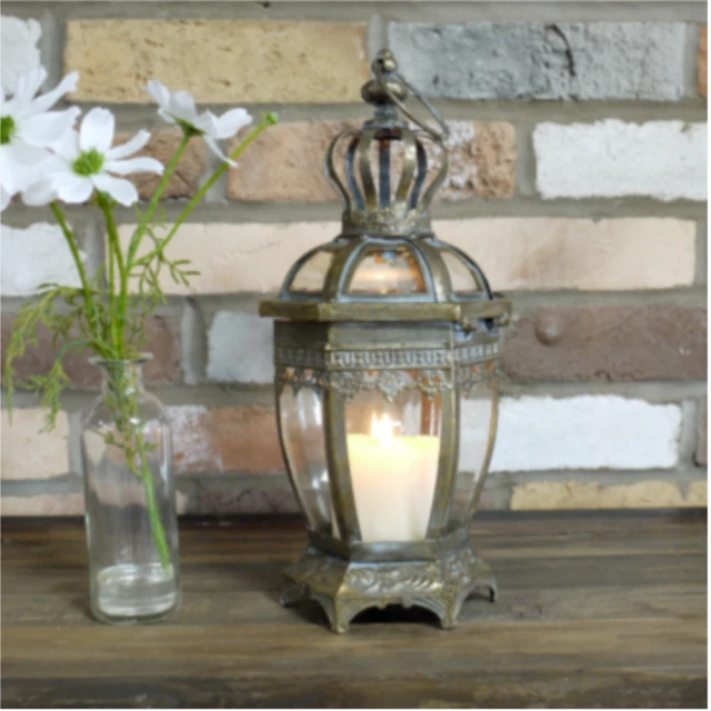 Gold Tealight Vintage Candle Metal Lantern Hexagonal Pillar Glass Antique Style