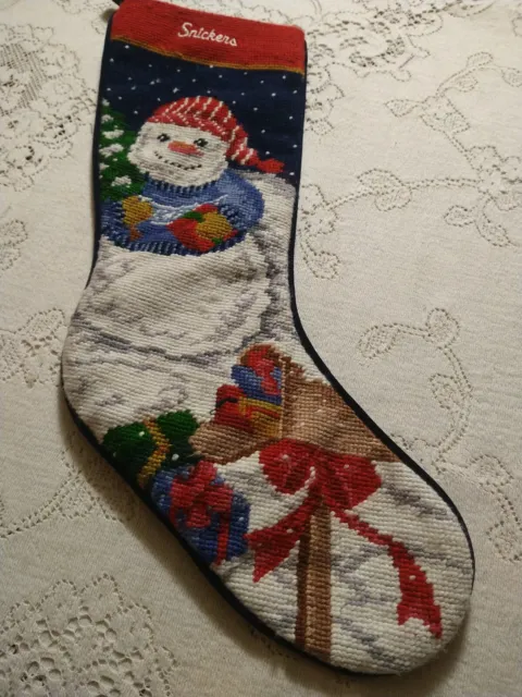 Needlepoint Wool Christmas Holiday Stocking Snowman Velvet Navy Blue Backing