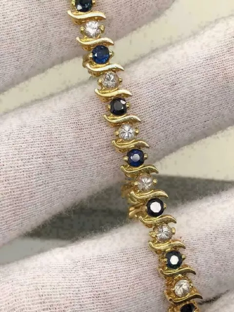 7 Ct Round Cut Simulated Sapphire Classy Tennis Bracelet 14K Yellow Gold Finish