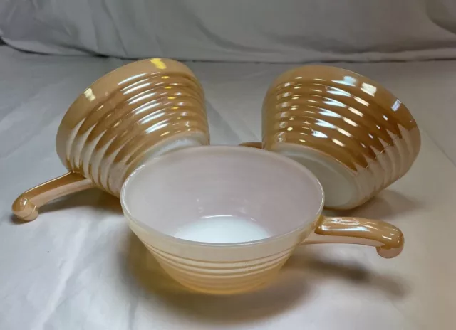 Vtg Fire King Lot of 3 Iridescent Peach Luster Beehive Oven Ware Bowl w/Handle