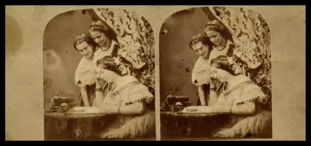 Femmes lisant un livre, ca.1870, stéréo Tirage vintage stéréo, tirage d&#039