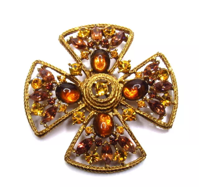 Vintage Rhinestone Maltese Cross Brooch Pin