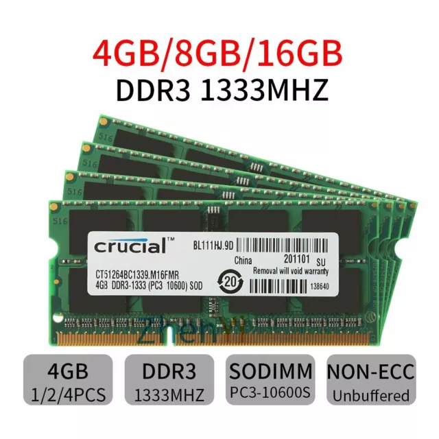 16GB 8GB 4G DDR3 1333MHz PC3-10600 204Pin SODIMM Laptop Memory SDRAM Crucial LOT