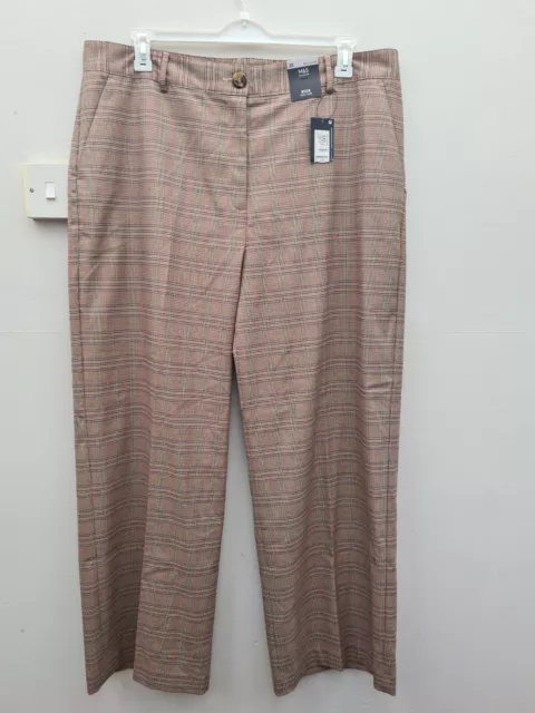MS Collection Size 20 Reg Beige Check Trousers Wide High Rise Brown BNWT