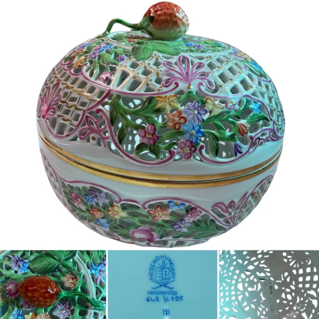 Herend Handpainted 7" Round Strawberry Finial Openwork Potpourri Ball Box 6211 C