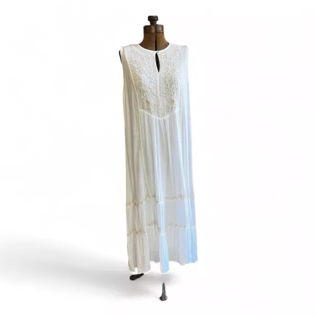 J Jill White Maxi Gauze Embroidered Beaded Shift Dress, Lined, Sleeveless, Large