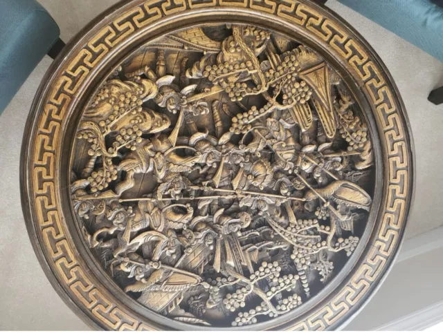 Chinese Wooden Hand-carved Antique Table with 4 Stools Battle Scene