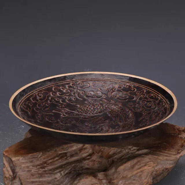 Chinese Song Ding Kiln Black Glaze Porcelain Carved Dragon Design Bowl 8.20 inch