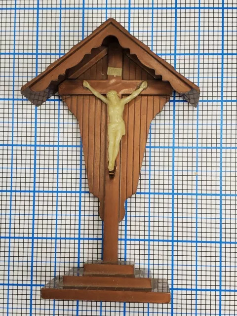 Vintage Home Altar Catholic Small Covered Cross with Jesus Crucifix Stand