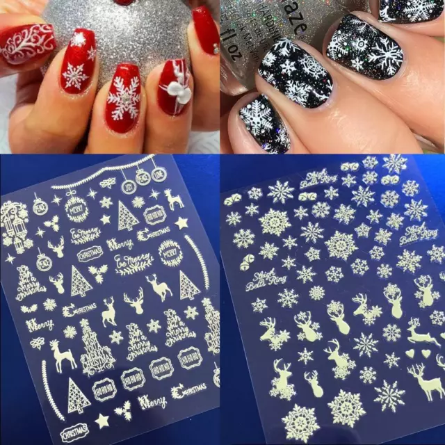 3D Christmas Nail Art Decal Stickers WHITE Snowflake Glow in the Dark Reindeer