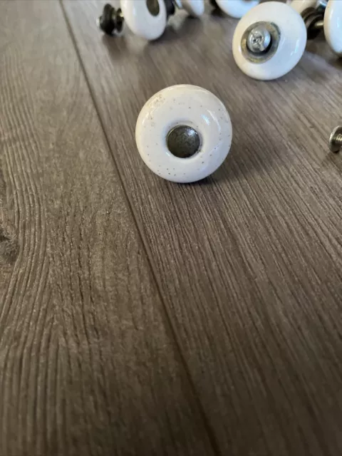26 Vtg Porcelain Knobs Pulls Drawer Cabinet Door White - Brass Hardware