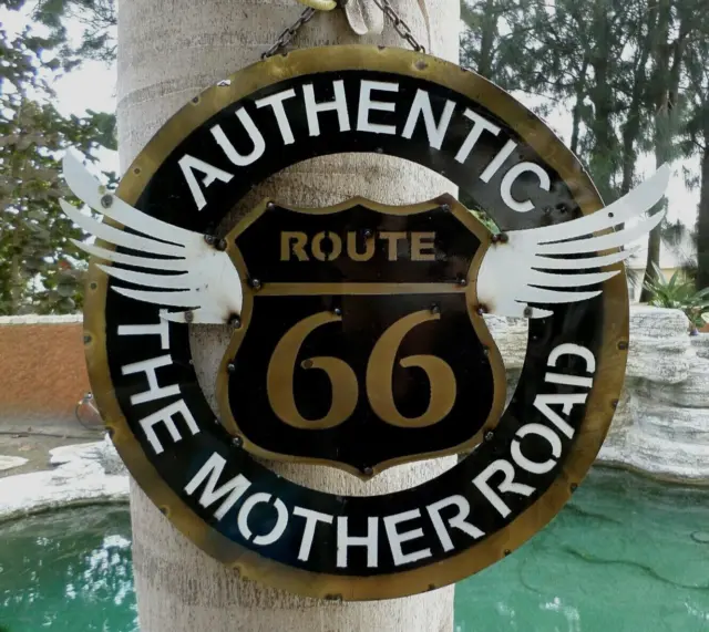 Route 66 Road Sign Recycled Metal Yard Restaurant Bar Wall Art  23"