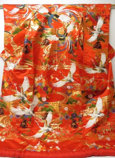 2214T03z4120  Japanese Kimono Silk UCHIKAKE Flying crane Tomato red