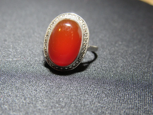 Bague Ancienne En Argent 925 Et Cornaline - Taille 56, Bijou Vintage