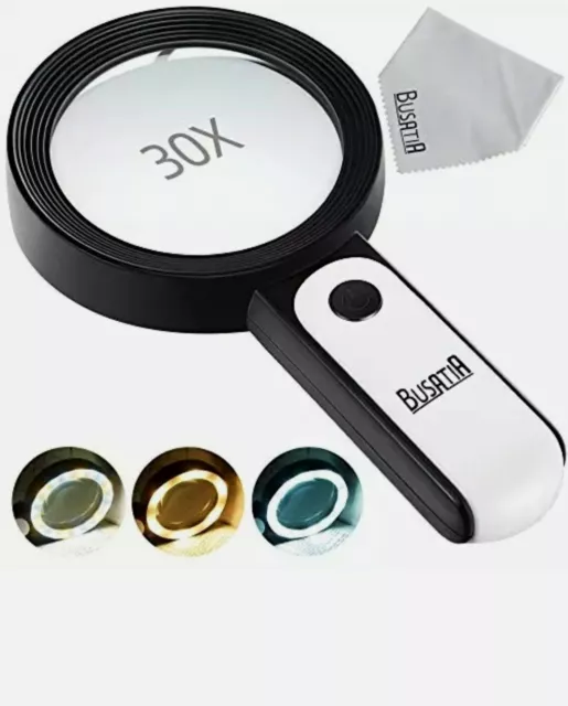 Busatia Magnifying Glass 30X, 18led Handheld Magnifying Glass with Light, 4in Large Glass Magnifier with 3 Modes, Illuminated Magnifying Glass for