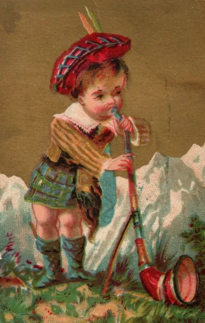 Victorian Trade Card of Scottish Boy in Kilt Blowing Horn Swiss Alps P49