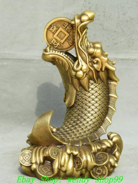 10" Old Chinese Brass Copper Feng Shui Dragon Fish Lucky Wealth Coin Statue