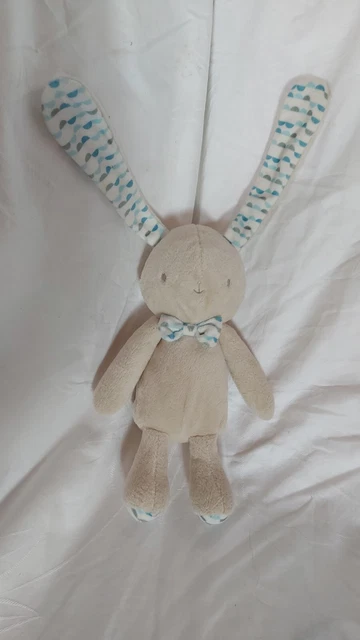 Doudou Peluche Lapin Klorane Blanc Beige  Bleu Carreaux Noeud Papillon Neuf