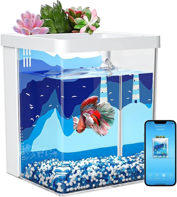 Smart Aquarium Kit 1.5 Gallon Betta Fish Tank Self Cleaning, Supports Bluetooth,