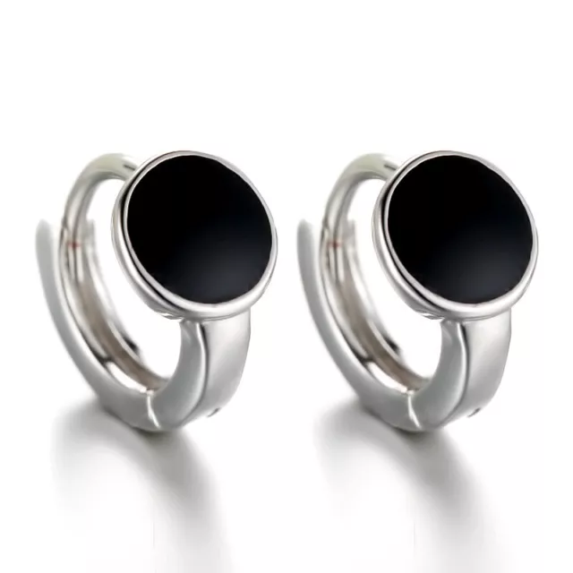 925 Sterling Silver Black Enamel Round Hoop Huggie Earrings Womens Mans Jewelry
