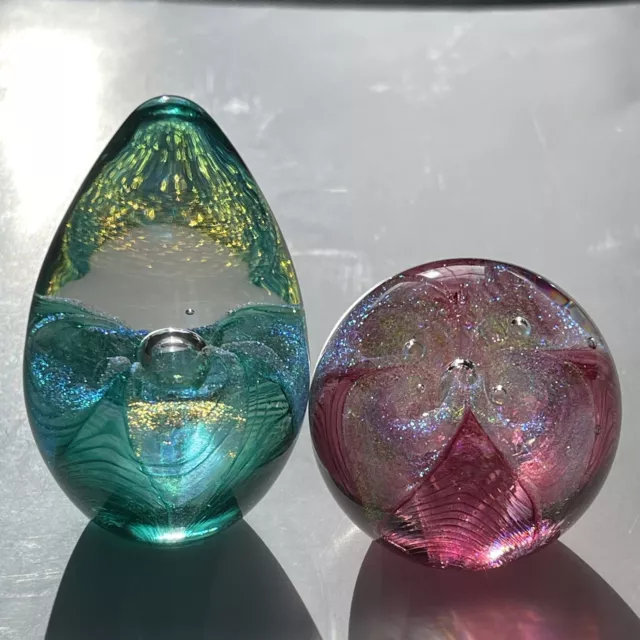 Glass Eye Studio Emerald & Cranberry Passion Flower Handmade Paperweights