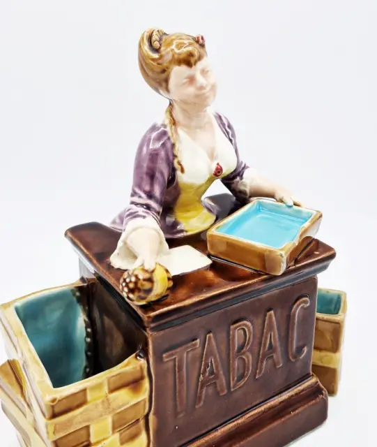 SARREGUEMINES MAJOLICA TABAC TOBACCO JAR & SMOKING STAND c1890 FIGURAL LADY