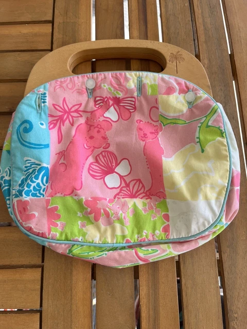Lilly Pulitzer Bermuda Bag Purse Wood Floral Cat Patch Pink Green Cover Vtg 90s