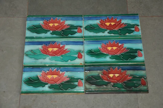 6 Pc Vintage Colorful Lotus Flower Embossed Ceramic Tiles,Japan