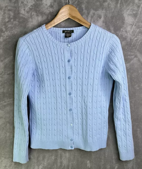 Eddie Bauer Sweater Women’s Blue Cotton Cable Knit Long Sleeve Cardigan