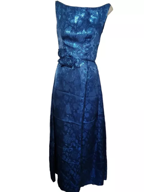 1950,s/60,s deep blue damask long gown with boat neck.B32.W24