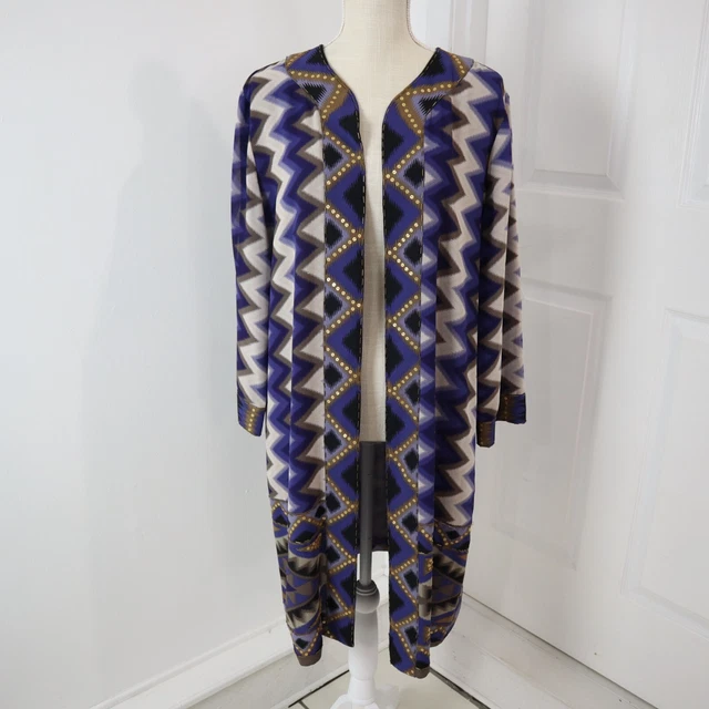 Chicos Cardigan Womens 2 Large Purple Striped Aztec Beaded Lined Chiffon Tunic